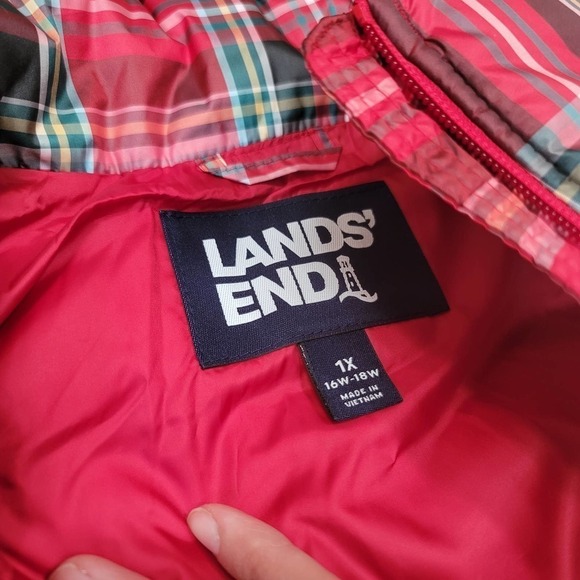 Lands' End Down Fill Puffer Vest Plaid Red - Picture 5 of 9